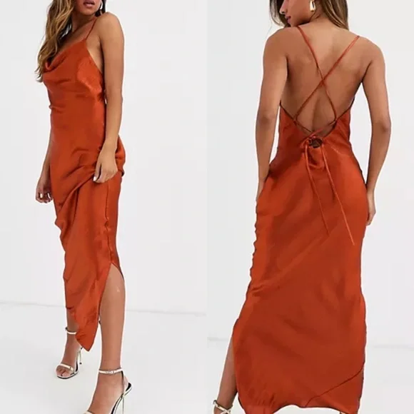 chinese dress ladies Rent ASOS DESIGN Cami Maxi Slip Dress In High Shine Satin With Lace Up Back